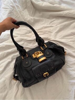 Chloé Vintage Paddington Front Pocket Leather Bag Black Gold Y2K